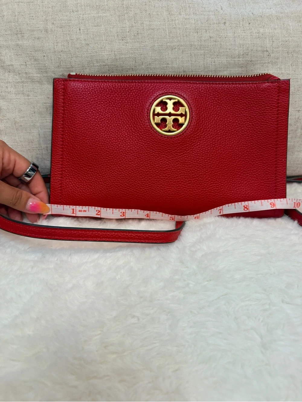 Tory Burch Red Pebbled Leather Crossbody with Gold Emblem